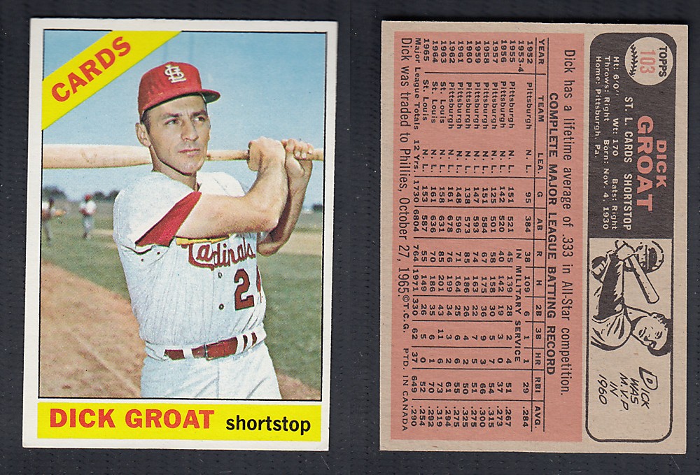 1966 O-PEE-CHEE BASEBALL CARD #103 D. GROAT photo