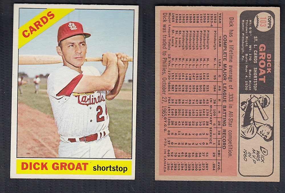 1966 O-PEE-CHEE BASEBALL CARD #103 D. GROAT photo