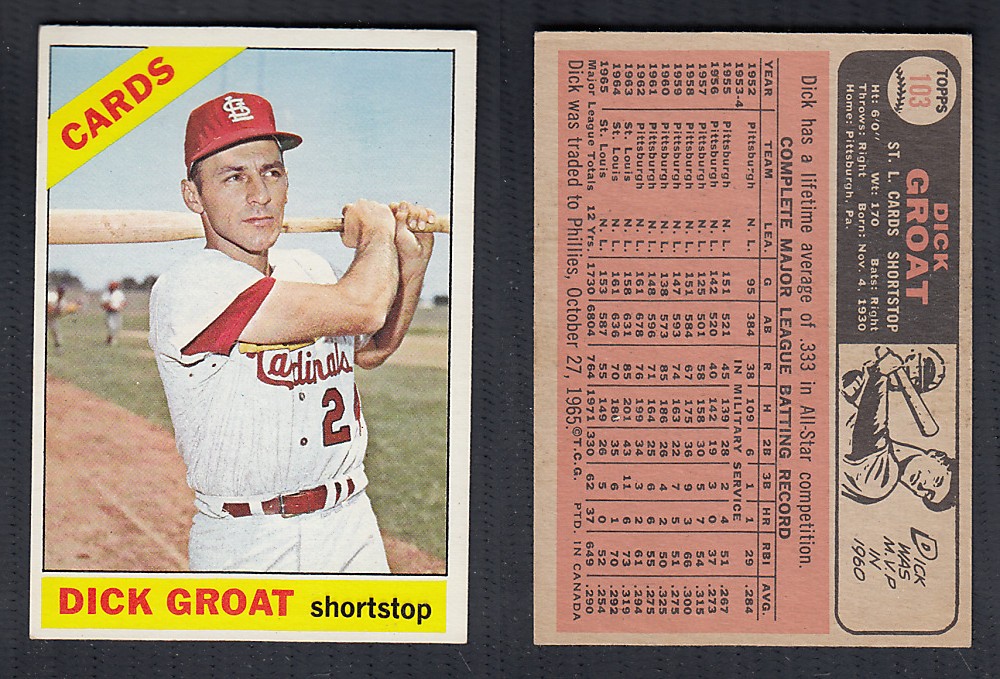 1966 O-PEE-CHEE BASEBALL CARD #103 D. GROAT photo