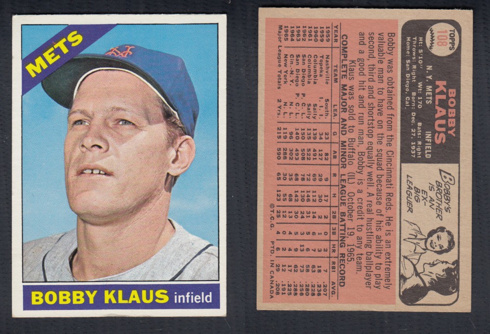 1966 O-PEE-CHEE BASEBALL CARD #108 B. KLAUS photo