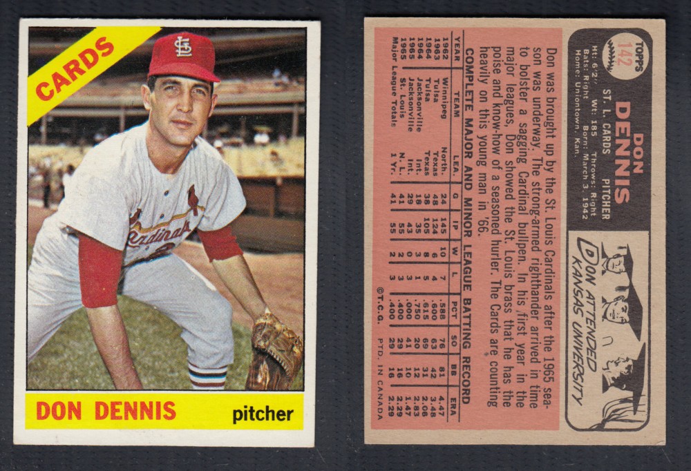 1966 O-PEE-CHEE BASEBALL CARD #142 D. DENNIS photo