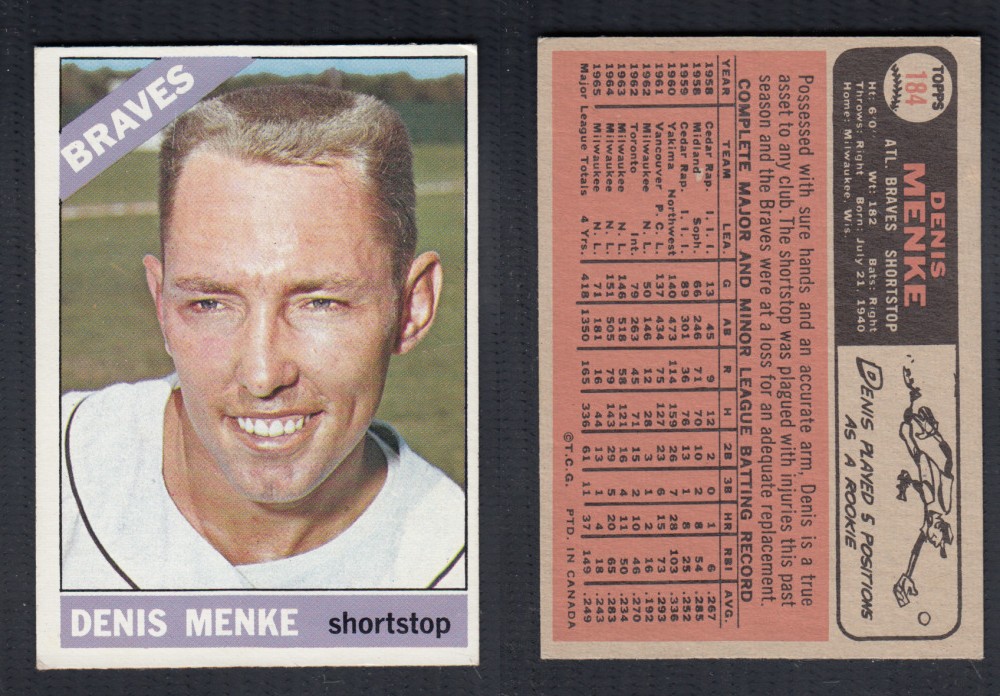 1966 O-PEE-CHEE BASEBALL CARD #184 D. MENKE photo
