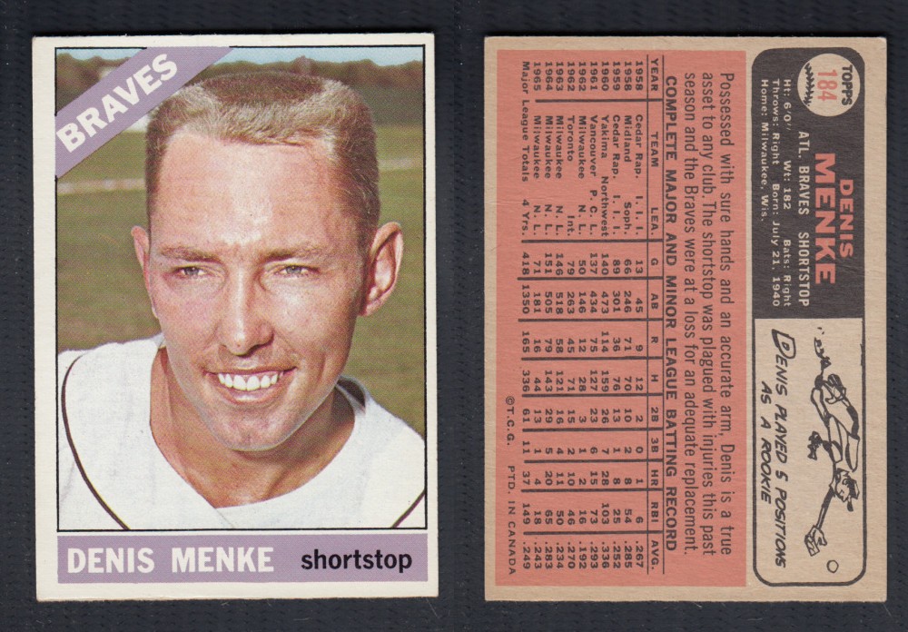 1966 O-PEE-CHEE BASEBALL CARD #184 D. MENKE photo