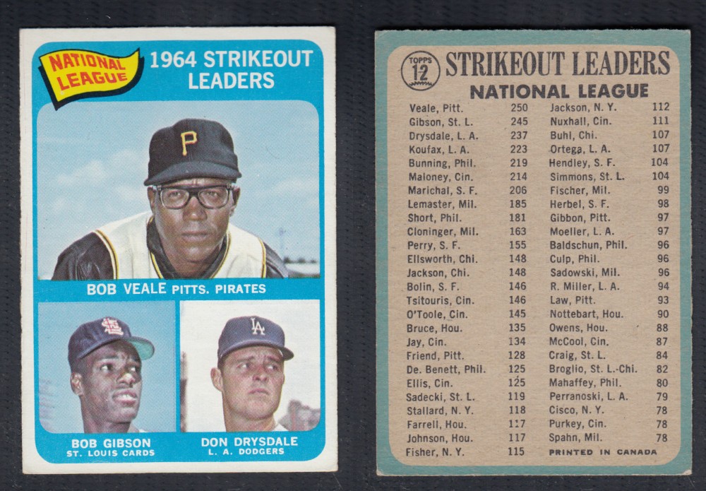 1965 O-PEE-CHEE BASEBALL CARD #12 STRIKE OUT LEADERS photo