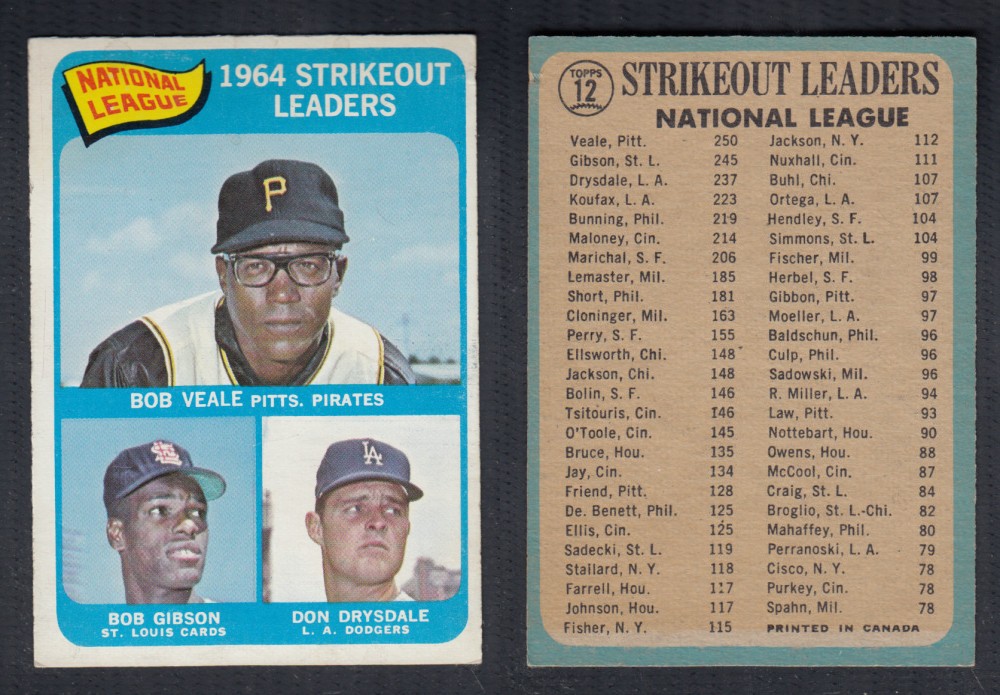 1965 O-PEE-CHEE BASEBALL CARD #12 STRIKE OUT LEADERS photo