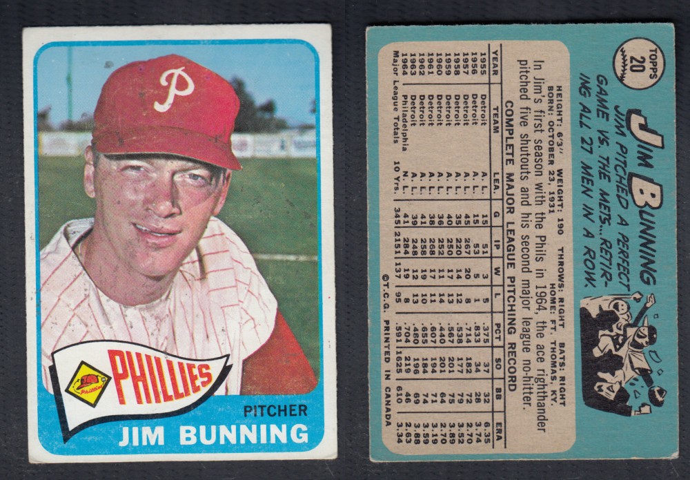 1965 O-PEE-CHEE BASEBALL CARD #20 J. BUNNING photo