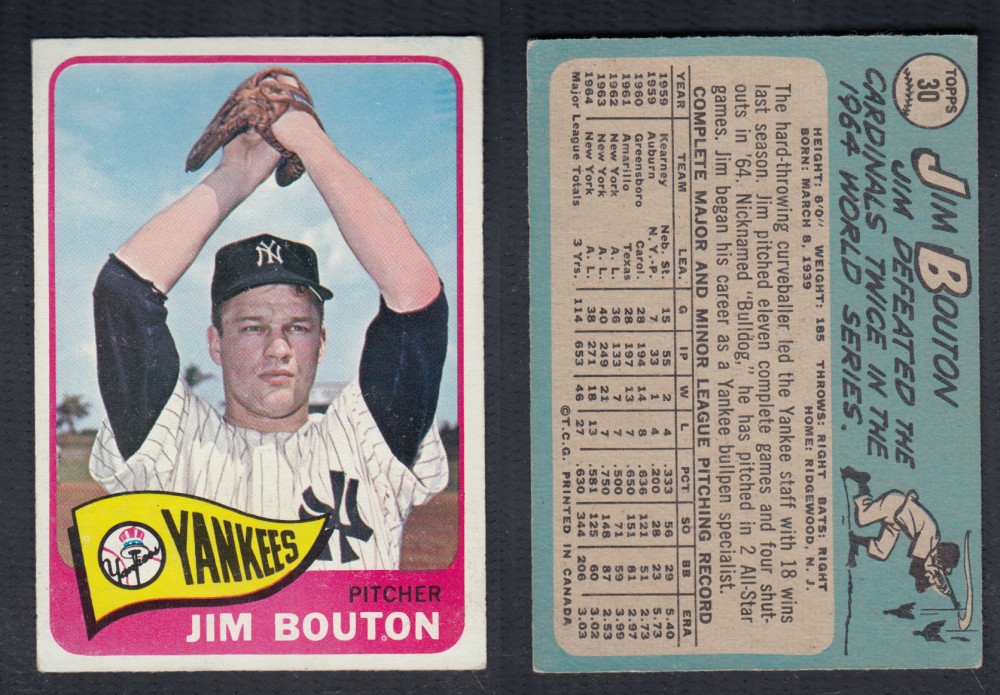 1965 O-PEE-CHEE BASEBALL CARD #30 J. BOUTON photo