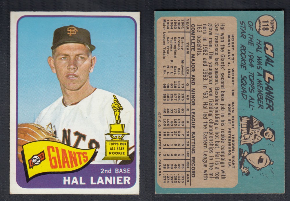 1965 O-PEE-CHEE BASEBALL CARD #118 H. LANIER photo