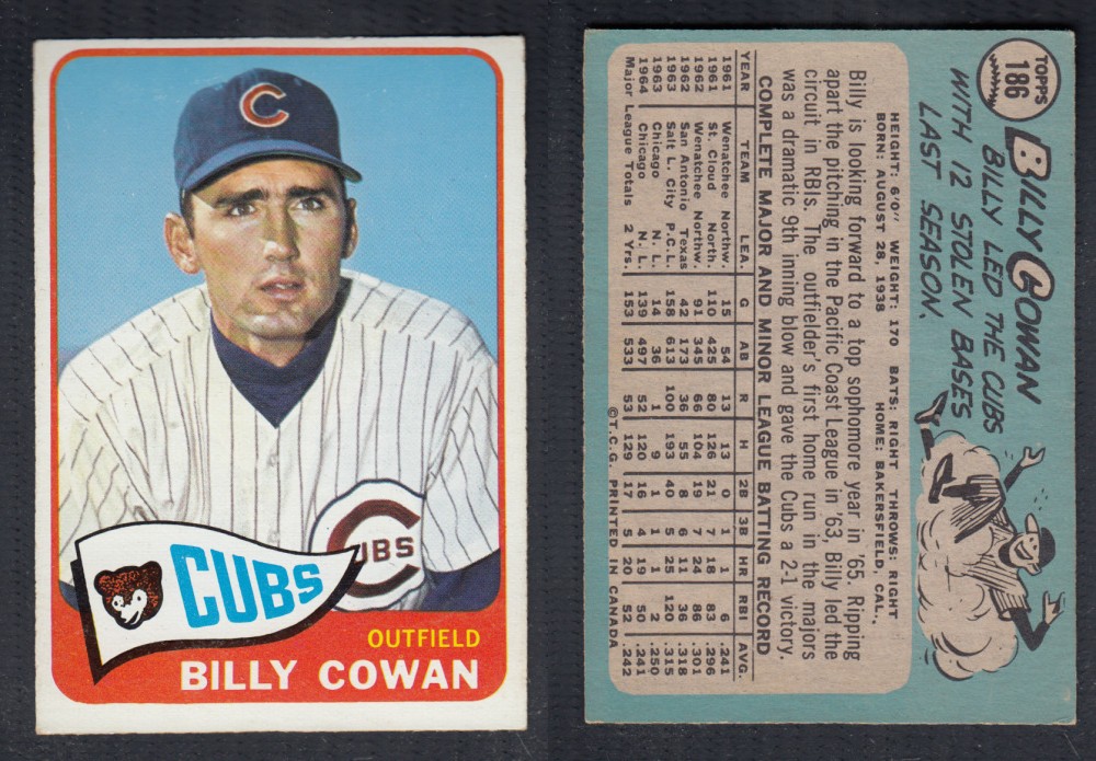 1965 O-PEE-CHEE BASEBALL CARD #186 B. COWAN photo