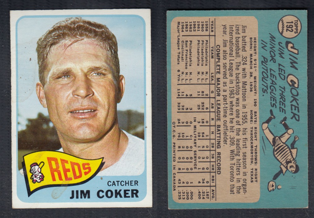 1965 O-PEE-CHEE BASEBALL CARD #192 J. COKER photo