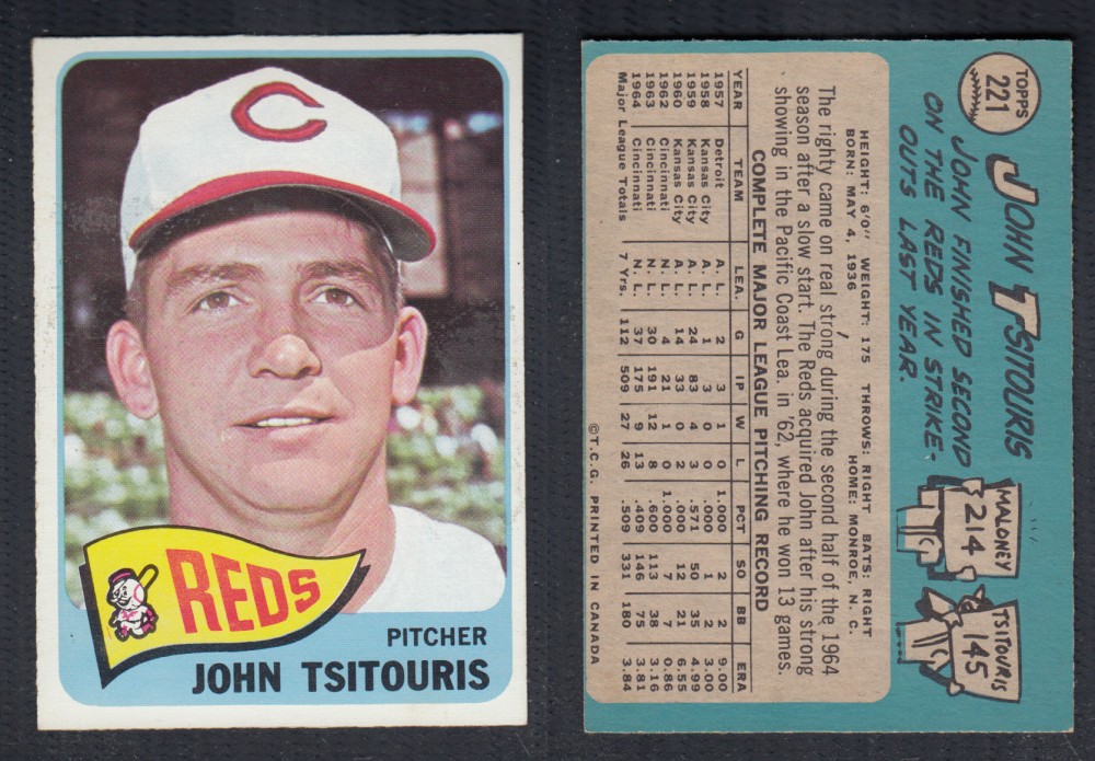 1965 O-PEE-CHEE BASEBALL CARD #221 J. TSITOURIS photo