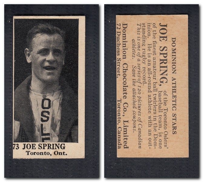 1925 V31 DOMINION CHOCOLATE #73 J. SPRING BASEBALL CARD photo