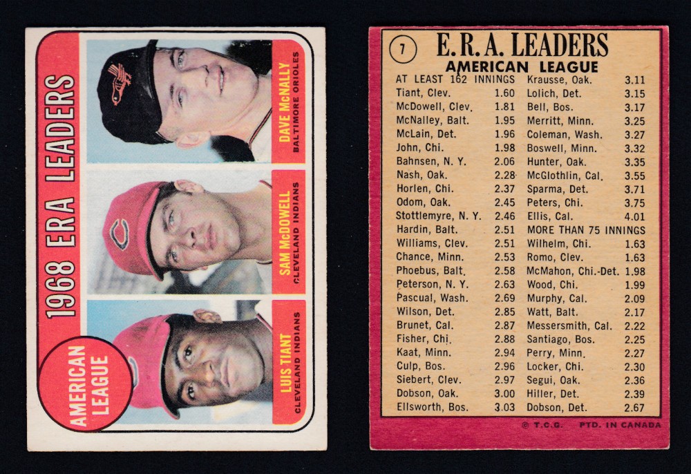 1969 O-PEE-CHEE BASEBALL CARD #7 ERA LEADERS photo