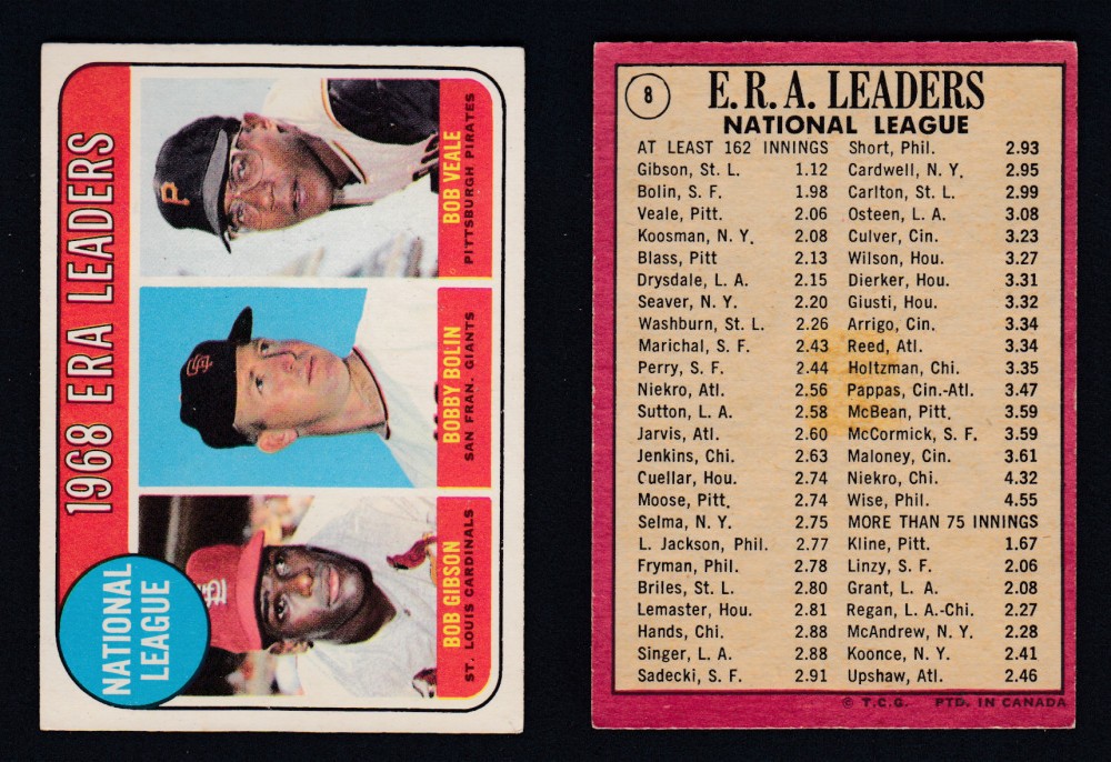 1969 O-PEE-CHEE BASEBALL CARD #8 ERA LEADERS photo