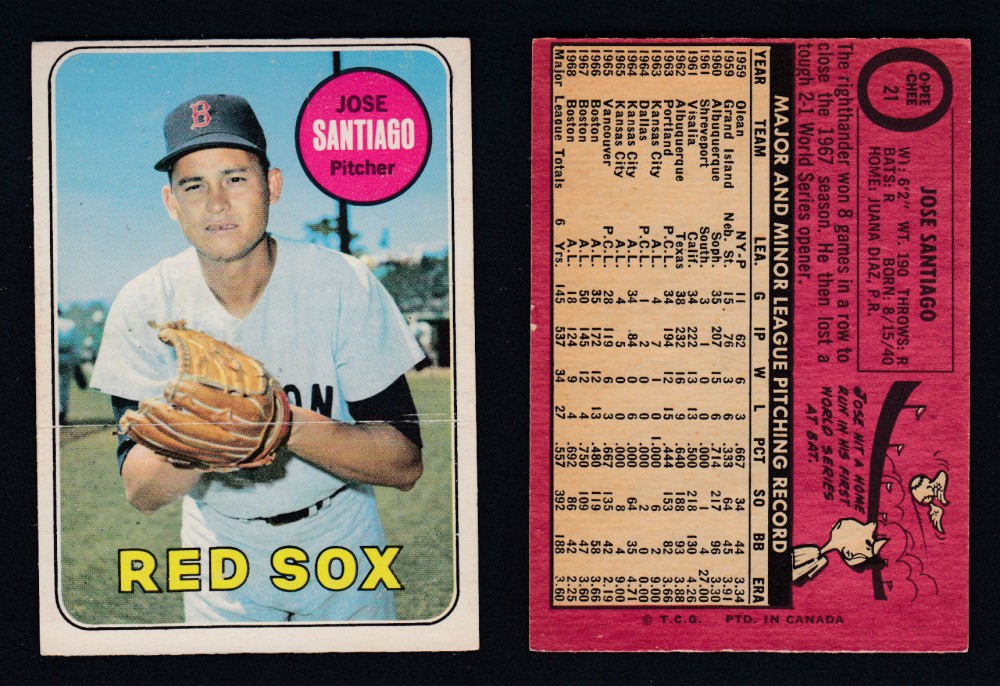 1969 O-PEE-CHEE BASEBALL CARD #21 J. SANTIAGO photo