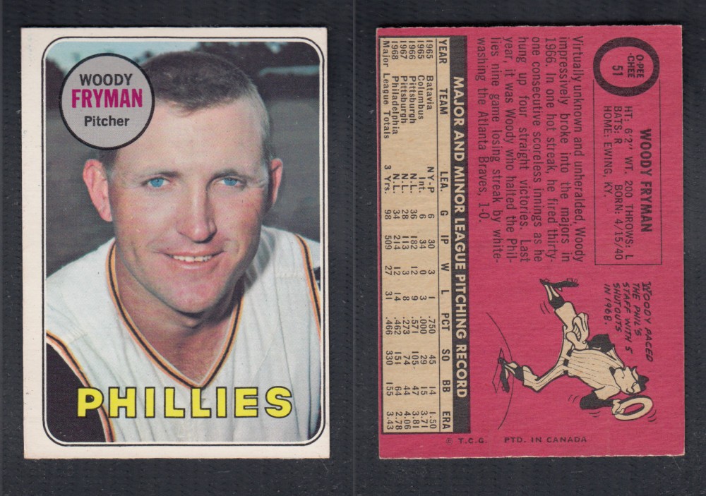 1969 O-PEE-CHEE BASEBALL CARD #51 W. FRYMAN photo