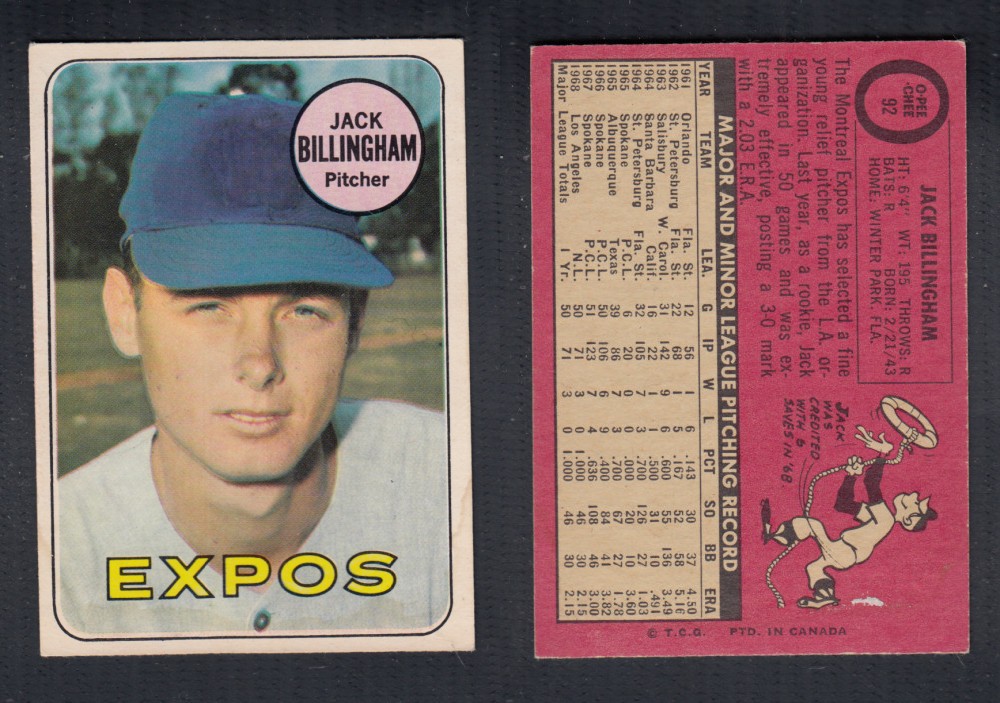 1969 O-PEE-CHEE BASEBALL CARD #92 J. BILLINGHAM photo