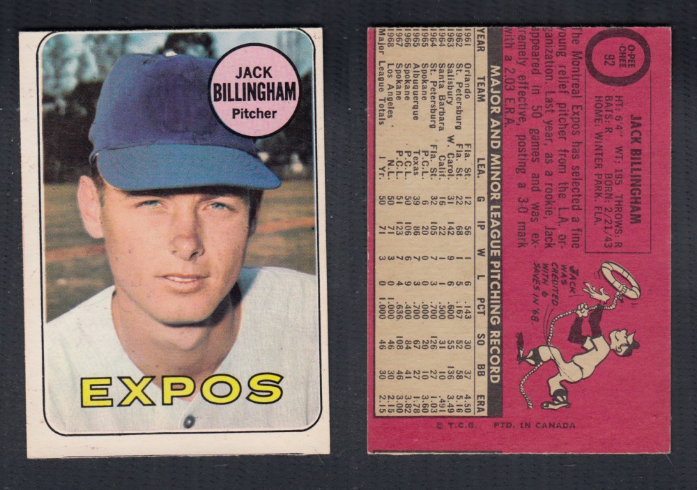 1969 O-PEE-CHEE BASEBALL CARD #92 J. BILLINGHAM photo