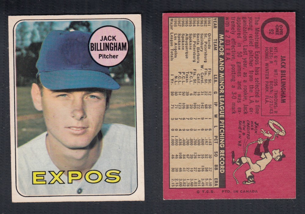 1969 O-PEE-CHEE BASEBALL CARD #92 J. BILLINGHAM photo