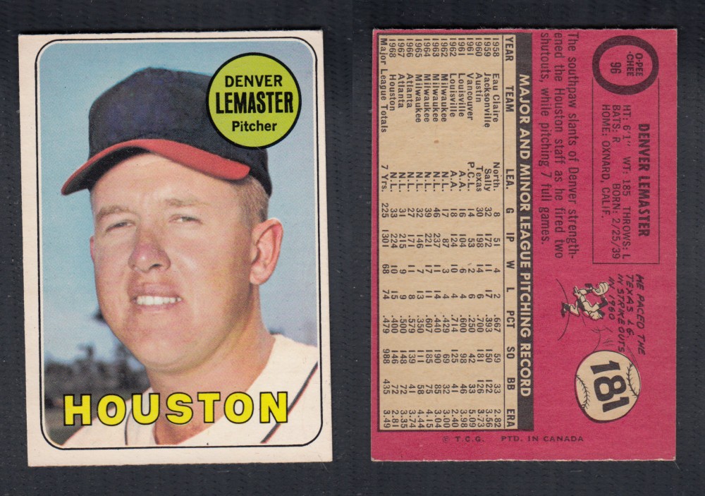 1969 O-PEE-CHEE BASEBALL CARD #96 D. LEMASTER photo