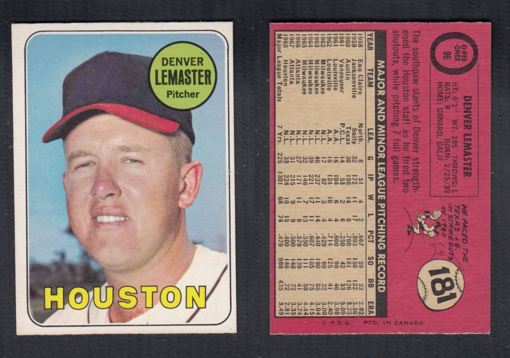 1969 O-PEE-CHEE BASEBALL CARD #96 D. LEMASTER photo