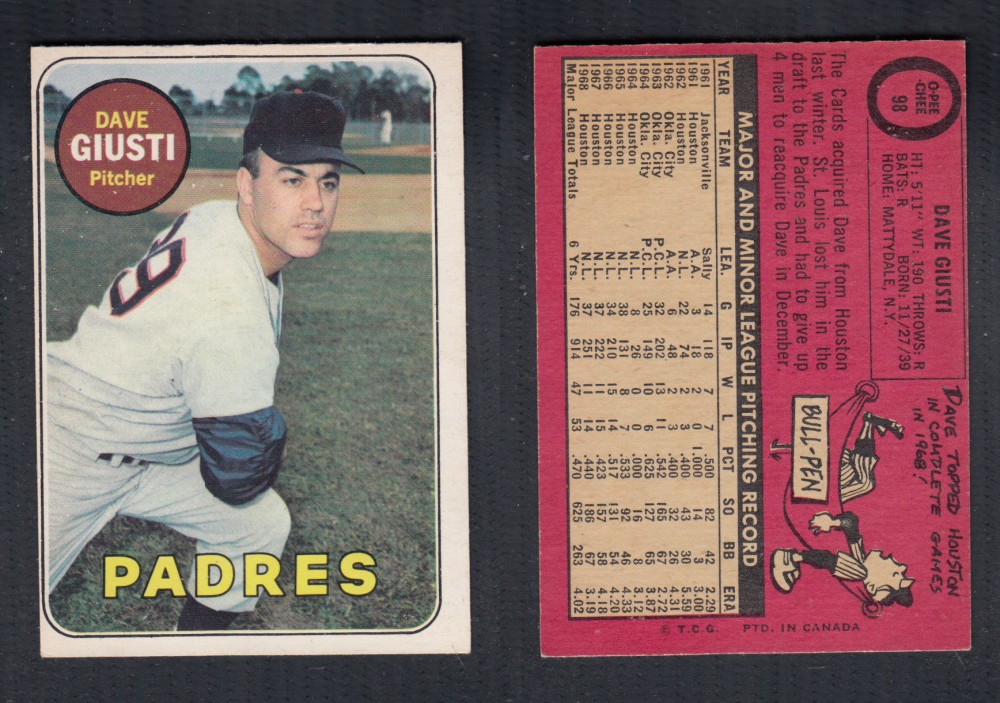 1969 O-PEE-CHEE BASEBALL CARD #98 D. GIUSTI photo