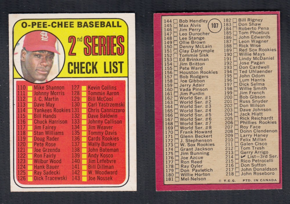 1969 O-PEE-CHEE BASEBALL CARD #107 2ND SERIES CHECK LIST photo