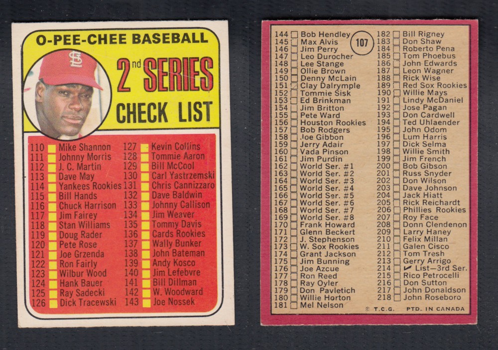 1969 O-PEE-CHEE BASEBALL CARD #107 2ND SERIES CHECK LIST photo