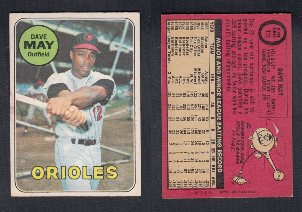 1969 O-PEE-CHEE BASEBALL CARD #113 D. MAY photo