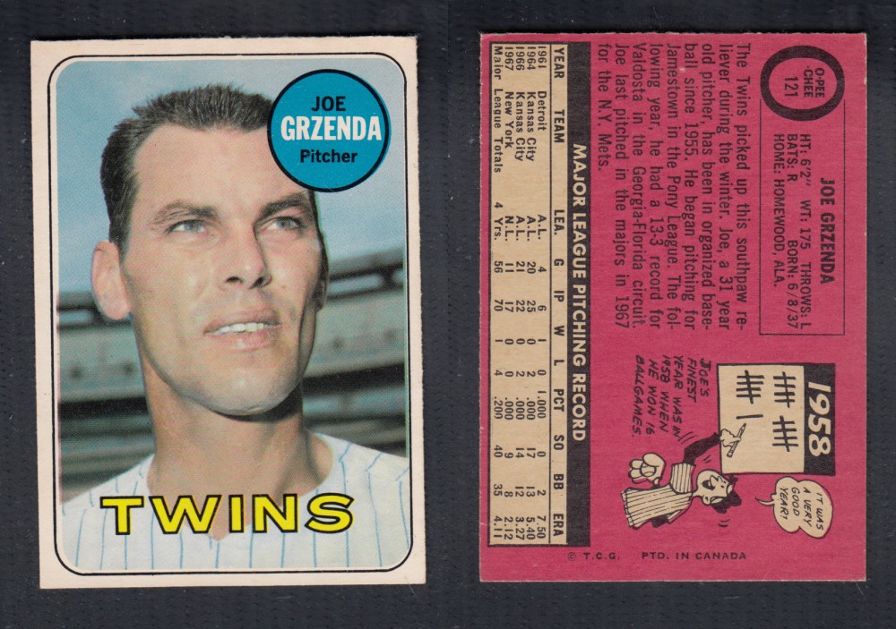 1969 O-PEE-CHEE BASEBALL CARD #121 J. GRZENDA photo