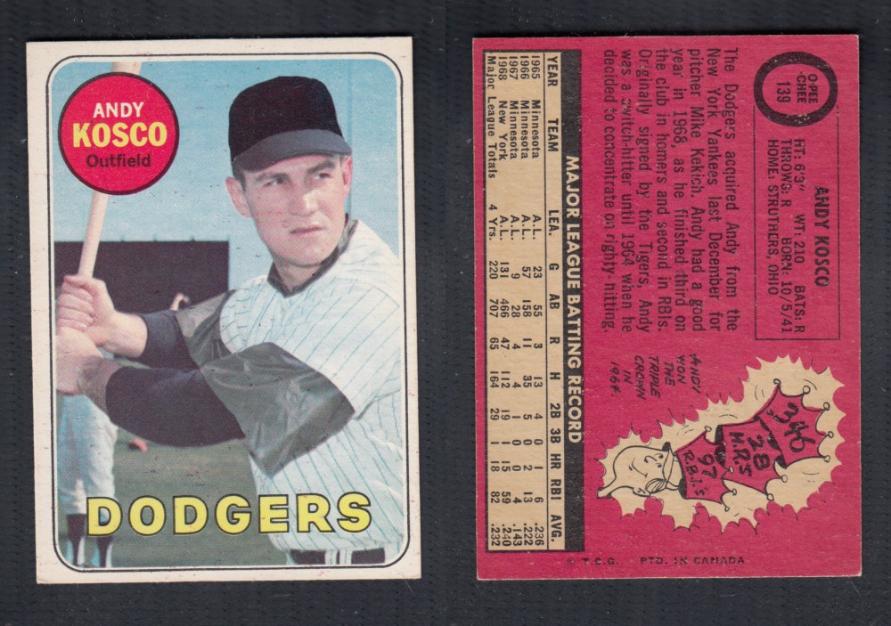 1969 O-PEE-CHEE BASEBALL CARD #139 A. KOSCO photo