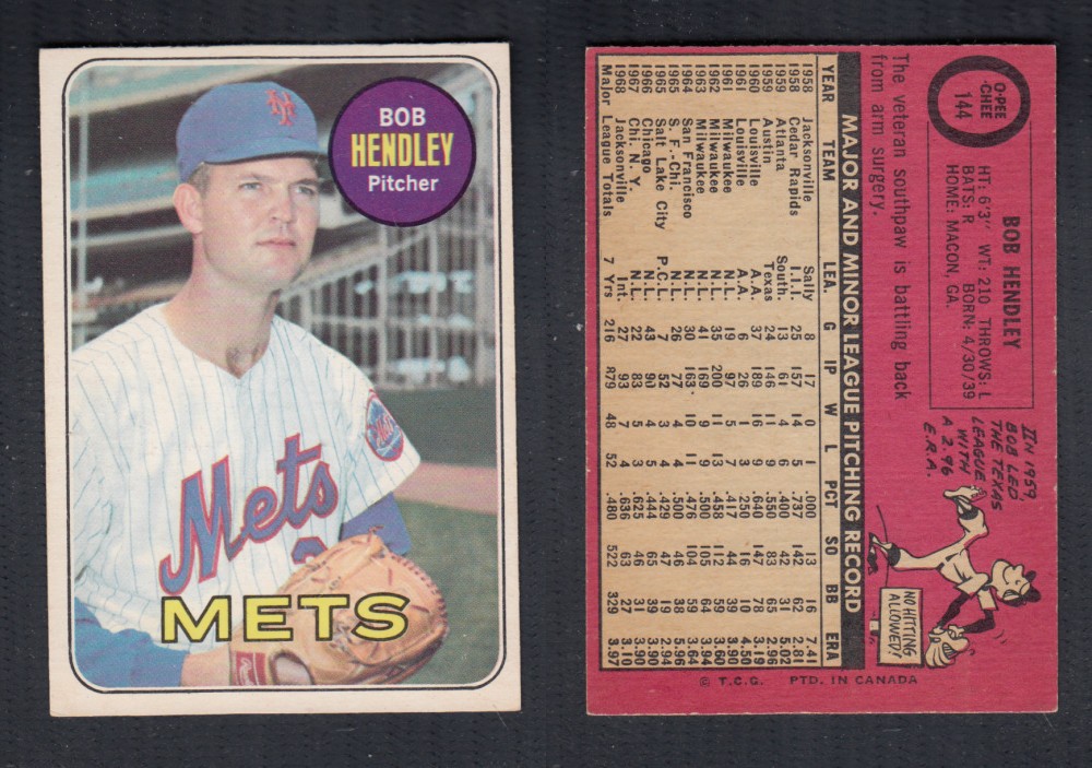 1969 O-PEE-CHEE BASEBALL CARD #144 B. HENDLEY photo