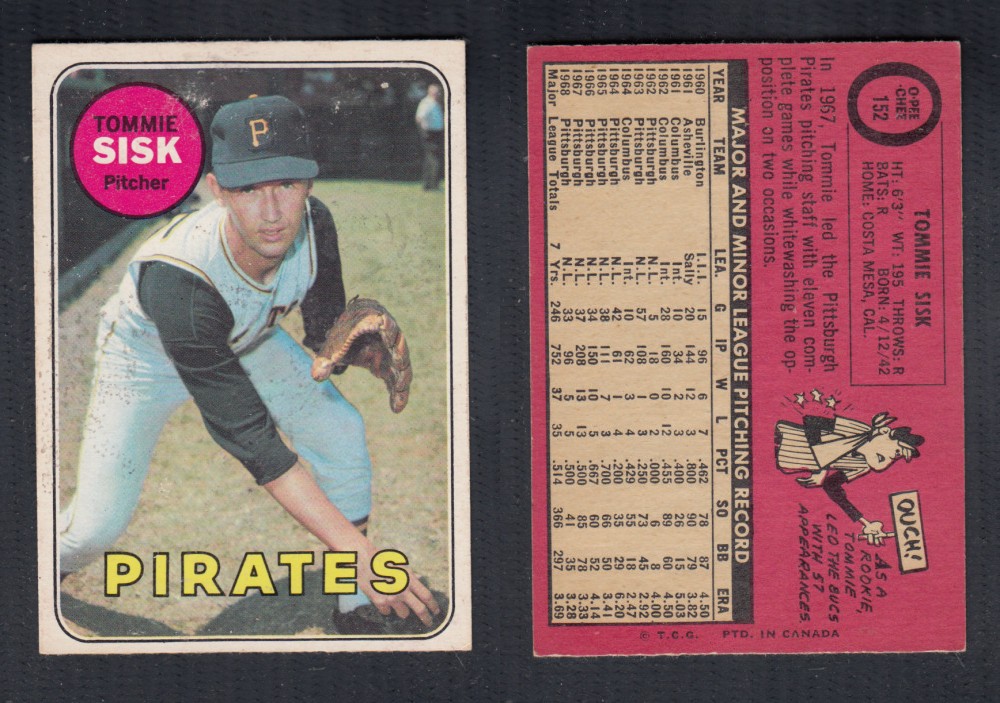 1969 O-PEE-CHEE BASEBALL CARD #152 T. SISK photo