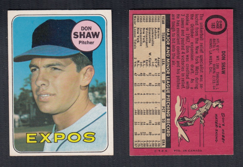 1969 O-PEE-CHEE BASEBALL CARD #183 D. SHAW photo