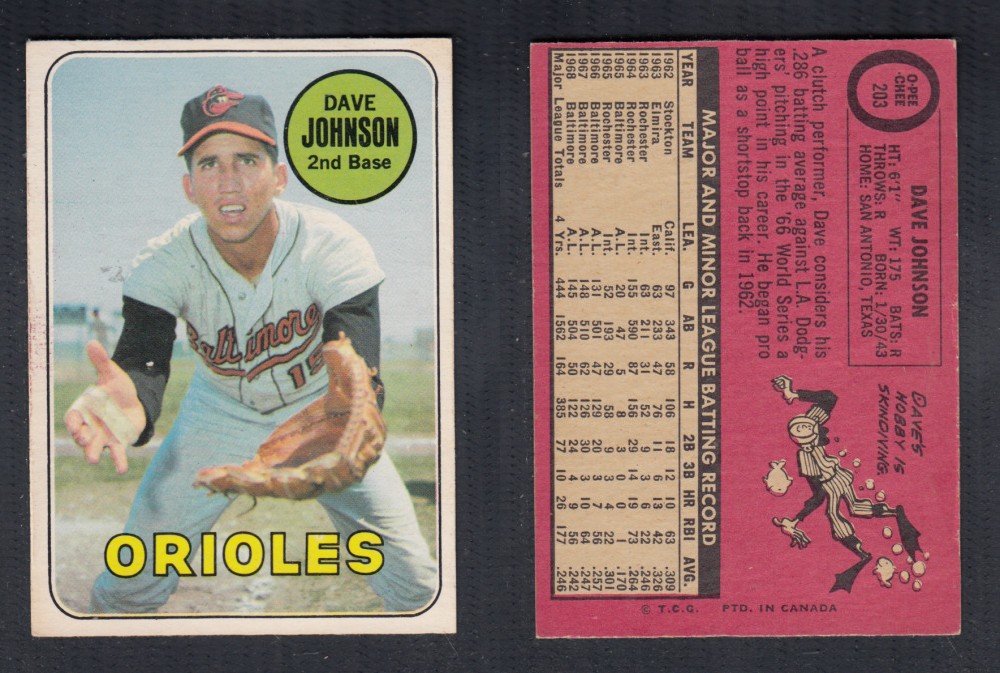 1969 O-PEE-CHEE BASEBALL CARD #203 D. JOHNSON photo