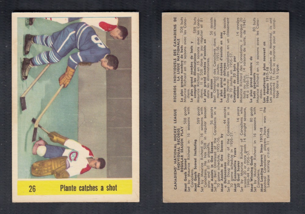1958-59 PARKHURST HOCKEY CARD #26 PLANTE CATCHES A SHOT photo