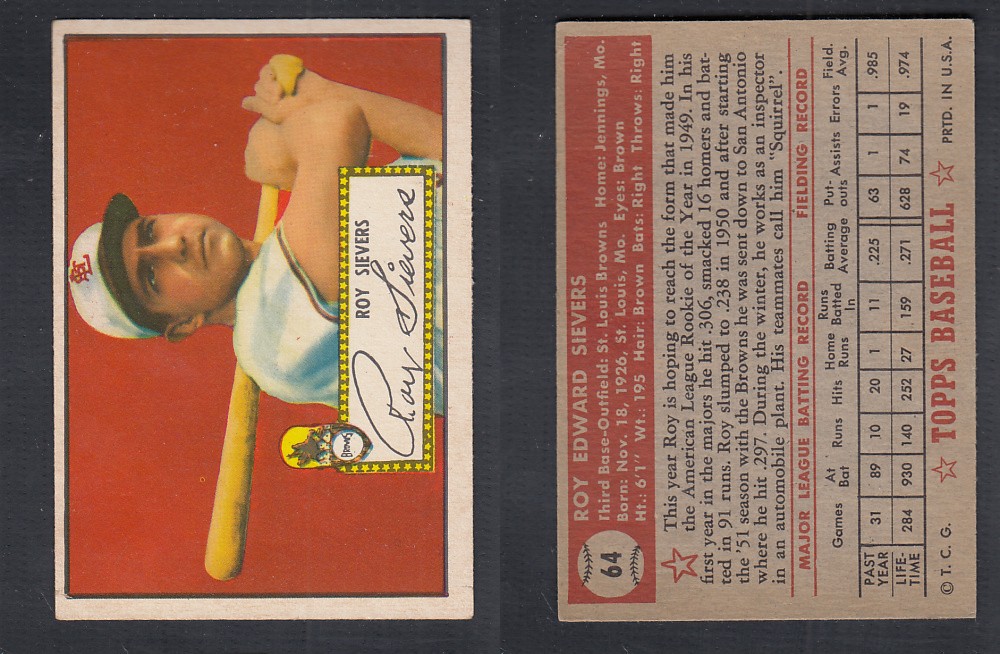 1952 TOPPS BASEBALL CARD #64 R. SIEVERS photo