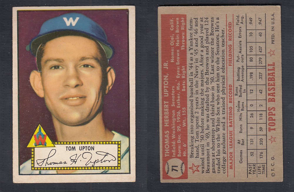 1952 TOPPS BASEBALL CARD #71 T. UPTON photo