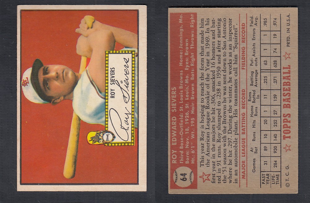 1952 TOPPS BASEBALL CARD #64 R. SIEVERS photo