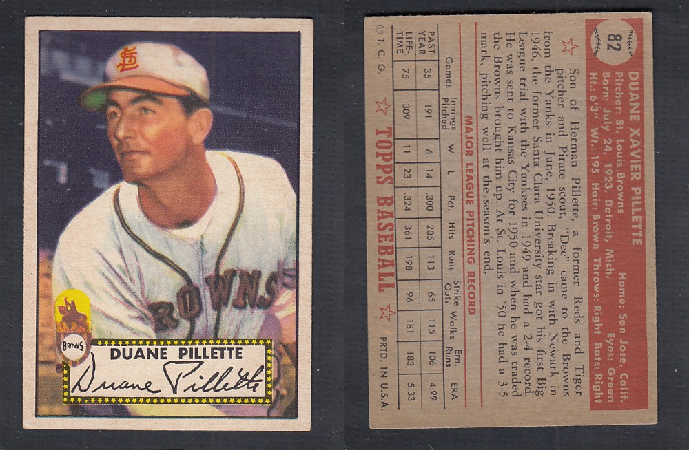 1952 TOPPS BASEBALL CARD #82 D. PILLETTE photo