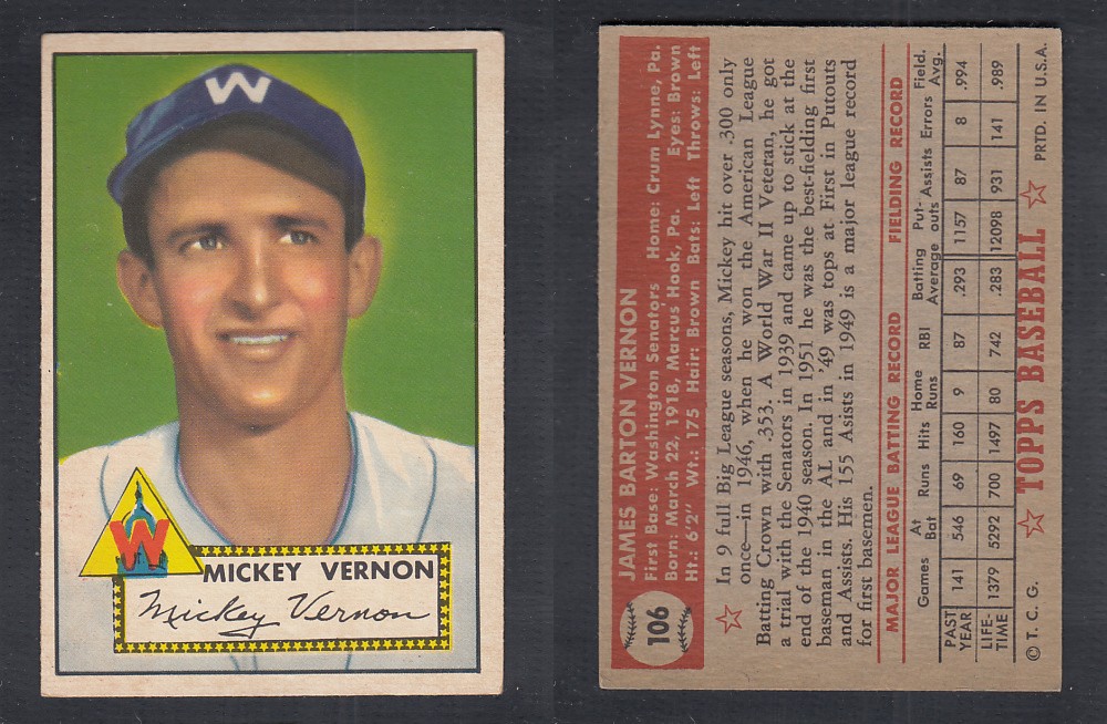 1952 TOPPS BASEBALL CARD #106 M. VERNON photo