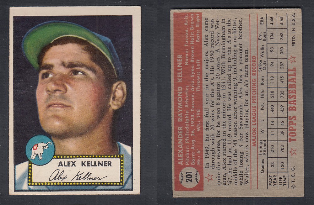 1952 TOPPS BASEBALL CARD #201 A. KELLNER photo