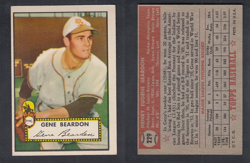 1952 TOPPS BASEBALL CARD #229 G. BEARDON photo