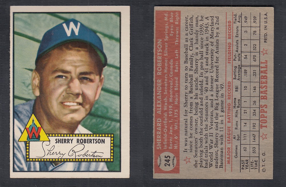 1952 TOPPS BASEBALL CARD #245 S. ROBERTSON photo