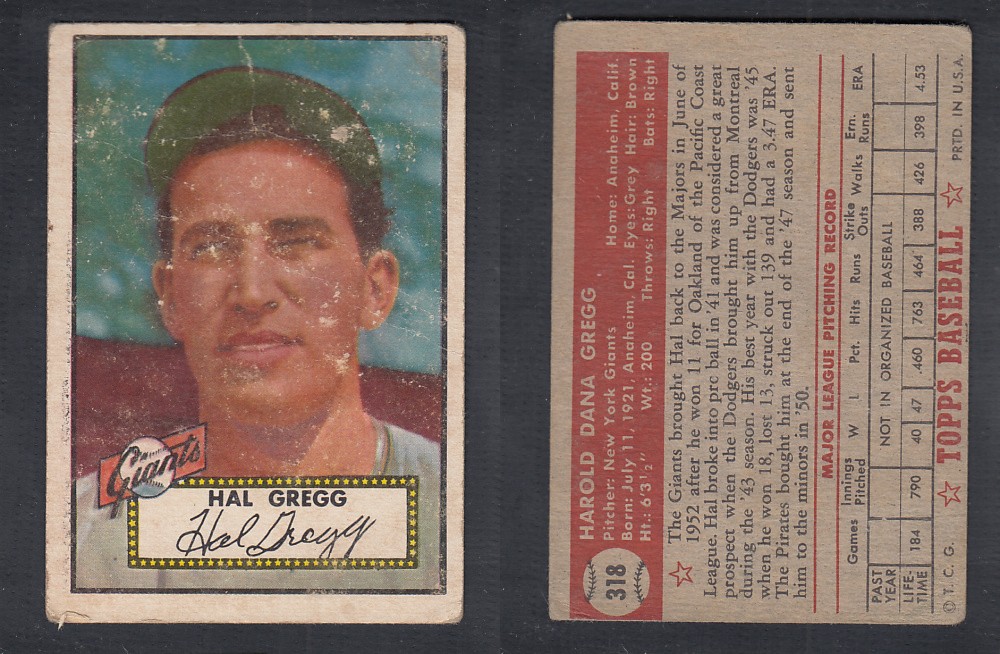 1952 TOPPS BASEBALL CARD #318 H. GREGG photo