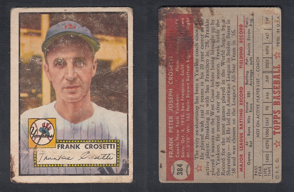 1952 TOPPS BASEBALL CARD #384 F. CROSETTI photo