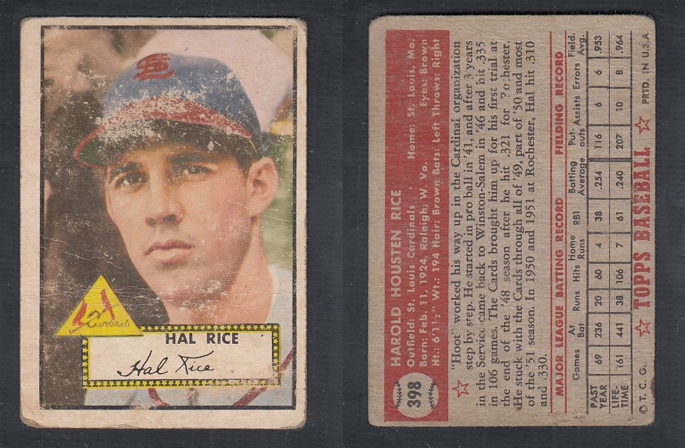 1952 TOPPS BASEBALL CARD #398 H. RICE photo