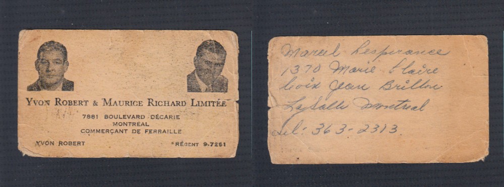 1950`S YVON ROBERT & MAURICE RICHARD LIMITE BUSINESS CARD photo