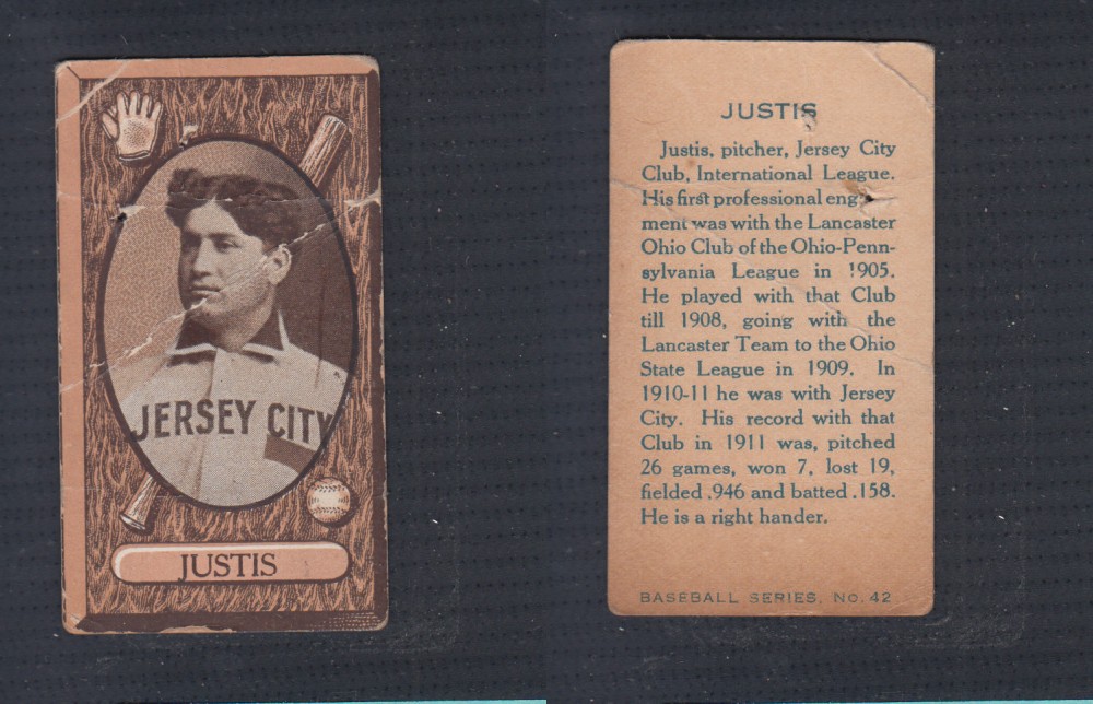 1912 IMPERIAL TOBACCO BASEBALL CARD #42 JUSTIS  photo