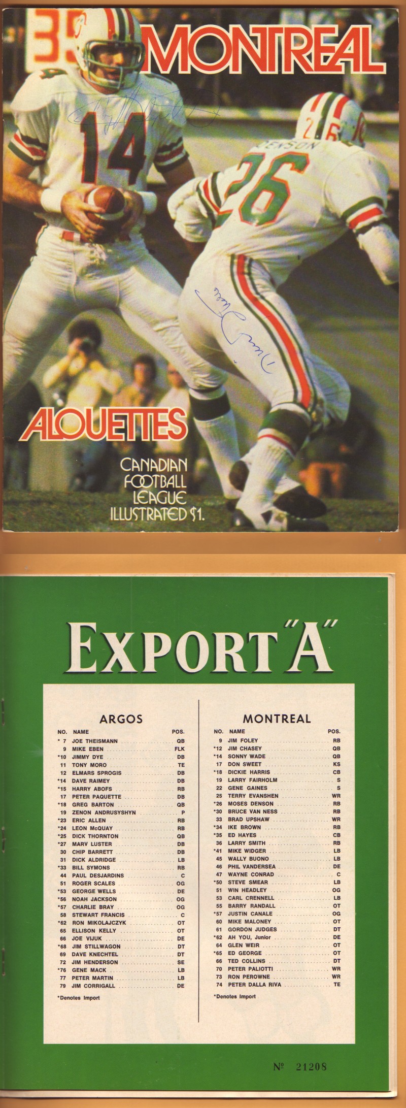 1972 CFL MONTREAL ALOUETTES VS TORONTO ARGOS PROGRAM photo